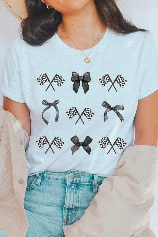 Checkered Flag Black Bow Race Graphic Tee