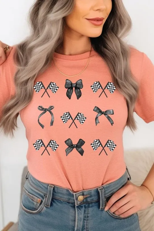 Checkered Flag Black Bow Race Graphic Tee
