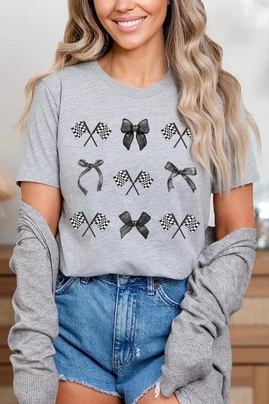 Checkered Flag Black Bow Race Graphic Tee