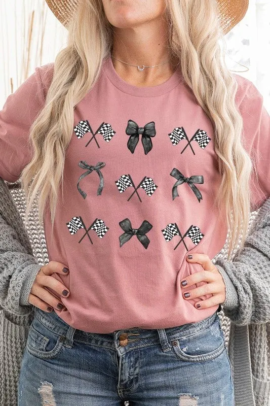 Checkered Flag Black Bow Race Graphic Tee