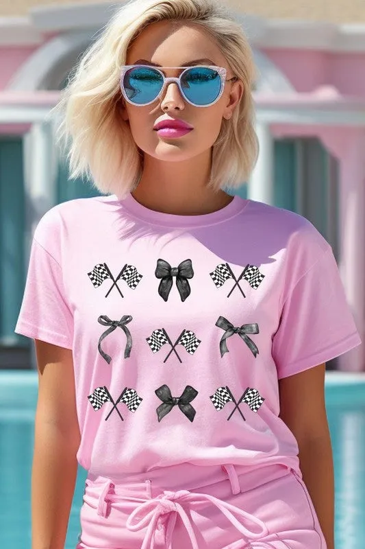 Checkered Flag Black Bow Race Graphic Tee