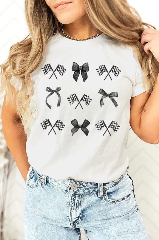 Checkered Flag Black Bow Race Graphic Tee