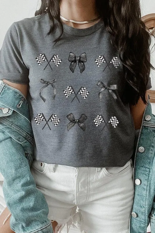 Checkered Flag Black Bow Race Graphic Tee