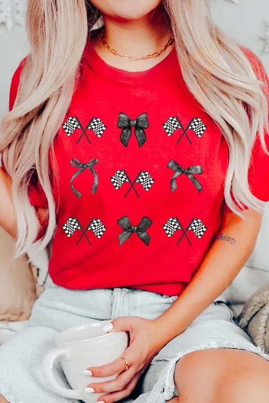 Checkered Flag Black Bow Race Graphic Tee