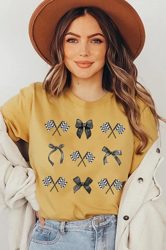 Checkered Flag Black Bow Race Graphic Tee