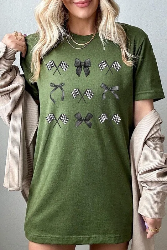 Checkered Flag Black Bow Race Graphic Tee