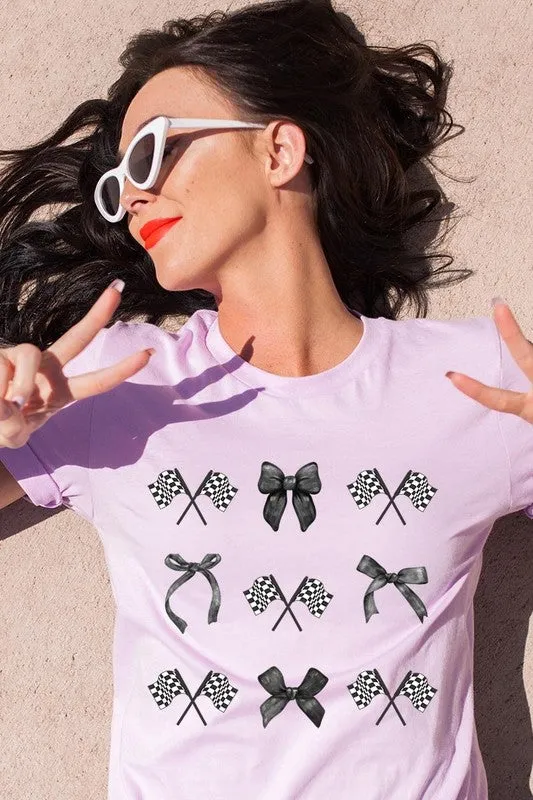 Checkered Flag Black Bow Race Graphic Tee