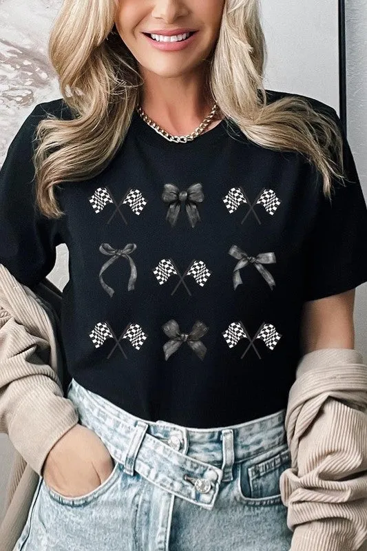 Checkered Flag Black Bow Race Graphic Tee