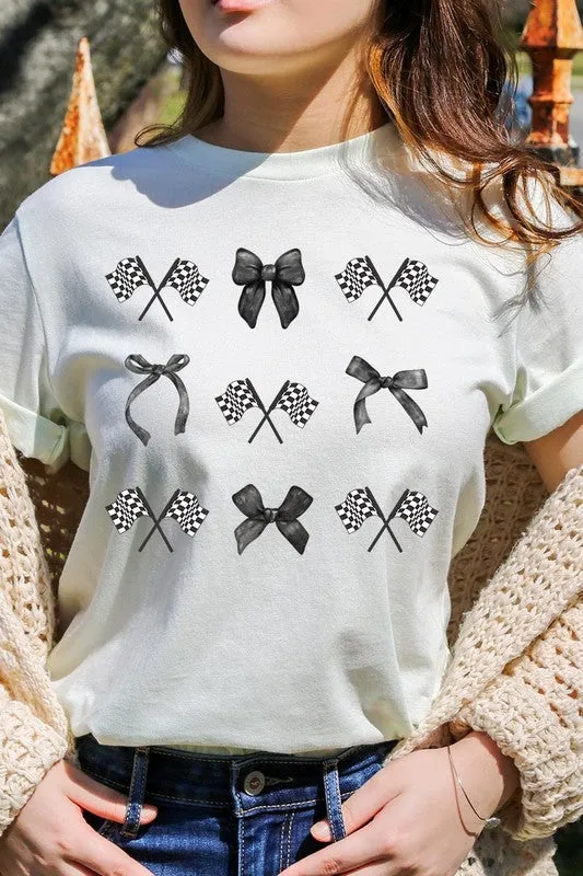 Checkered Flag Black Bow Race Graphic Tee