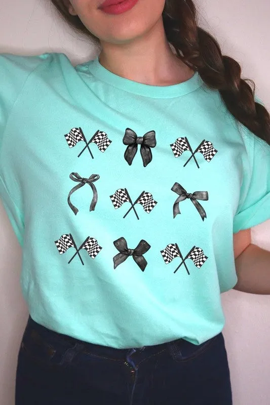 Checkered Flag Black Bow Race Graphic Tee