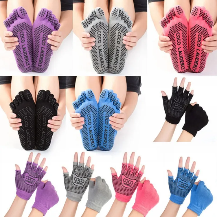 Non-slip Open Finger Yoga Sports Gloves Five Finger Yoga Socks Set, Size: One Size(Grey)